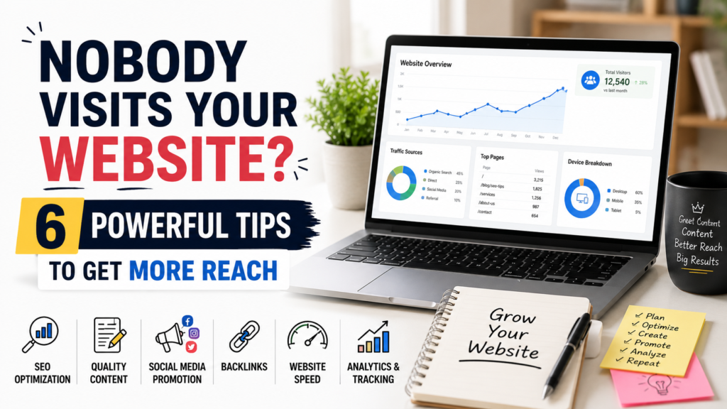 A modern WordPress blog featured image showing a laptop with a website analytics dashboard displaying increasing traffic. Large bold text reads, "Nobody Visits Your Website? 6 Powerful Tips to Get More Reach." Icons at the bottom represent SEO optimization, quality content, social media promotion, backlinks, website speed, and analytics. The clean workspace includes a notebook labeled "Grow Your Website," a coffee mug, and a small desk plant, emphasizing website growth and digital marketing.