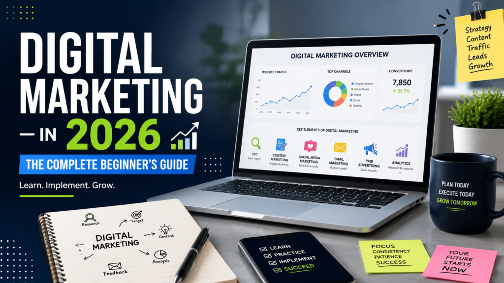 A modern digital marketing workspace featuring a laptop displaying a digital marketing dashboard with SEO, content marketing, social media, email marketing, paid advertising, analytics, and website traffic metrics. Bold text reads, "Digital Marketing in 2026 – The Complete Beginner's Guide." The desk includes a notebook, smartphone, coffee mug, sticky notes, and a plant, representing learning, strategy, and online business growth.