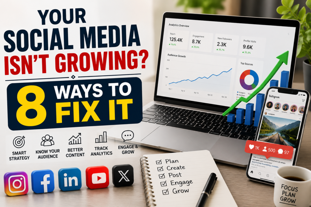 A 16:9 WordPress featured image showing a modern digital marketing workspace with a laptop displaying social media analytics, audience growth charts, engagement metrics, and performance reports. A smartphone displays a social media app with notifications, while a notebook contains a content planning checklist. Bold text reads "Your Social Media Isn't Growing? 8 Ways to Fix It." Icons representing Instagram, Facebook, LinkedIn, YouTube, and X appear along the bottom, highlighting social media growth strategies, content planning, audience engagement, analytics, and optimization. The clean, professional design is intended for a blog about improving social media reach and engagement.