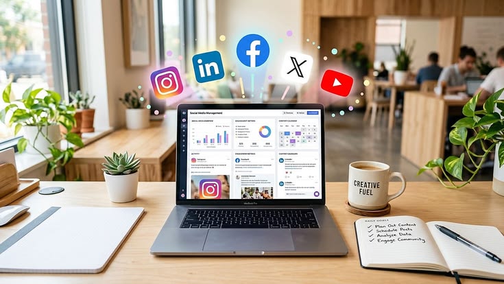 Marketing professional reviewing social media analytics dashboard with reach, engagement rate, shares, saves, and performance metrics.