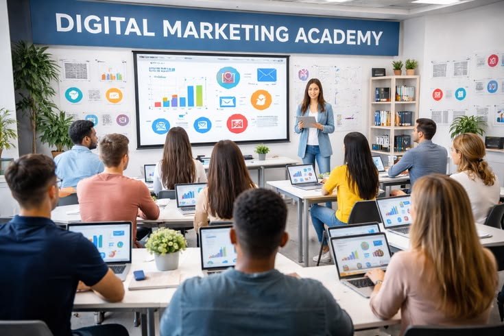Students learning digital marketing in a modern classroom with hands-on training in SEO, social media marketing, Google Ads, content marketing, and analytics.