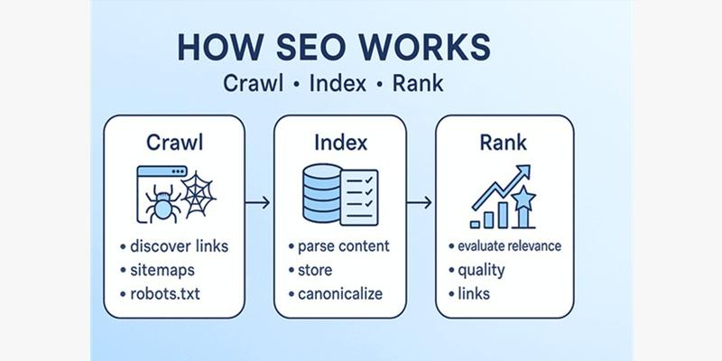 How search engines work through crawling, indexing, and ranking websites.