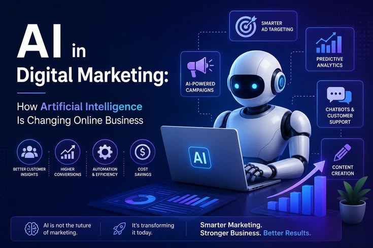 How Artificial Intelligence plays a key role in digital marketing through content creation, SEO, social media, data analytics, automation, and customer support.