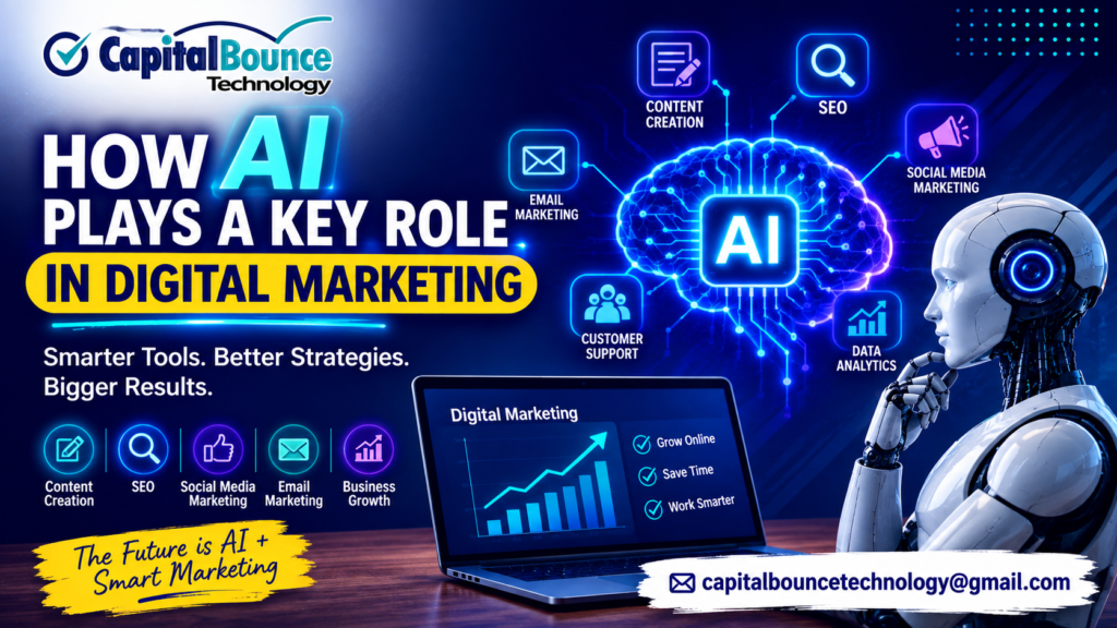 How Artificial Intelligence plays a key role in digital marketing with Capital Bounce Technology AI marketing illustration