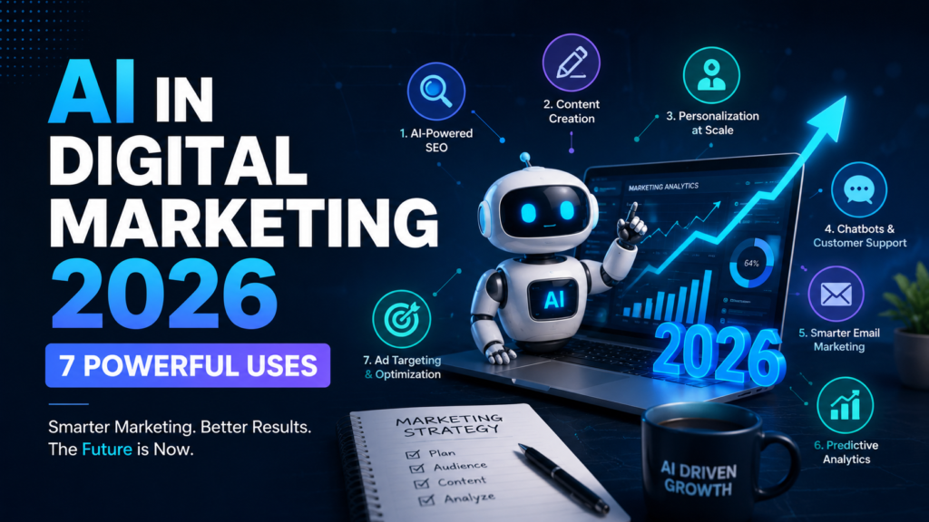 AI in digital marketing 2026 featuring seven powerful uses, including SEO, content creation, personalization, chatbots, email marketing, predictive analytics, and ad targeting.