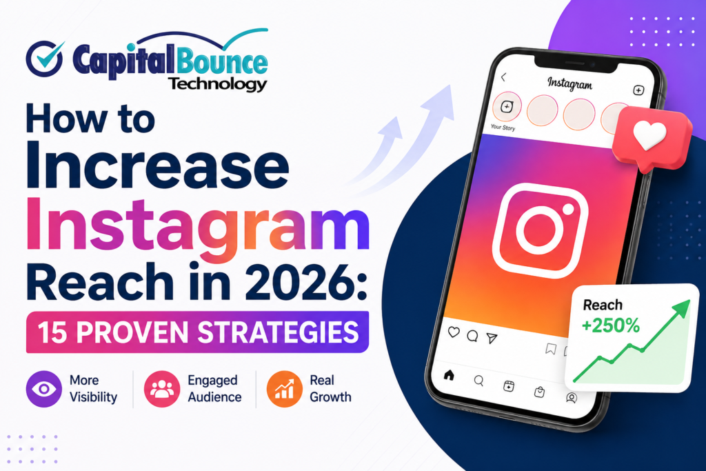How to Increase Instagram Reach in 2026 with 15 proven strategies, featuring Capital Bounce Technology