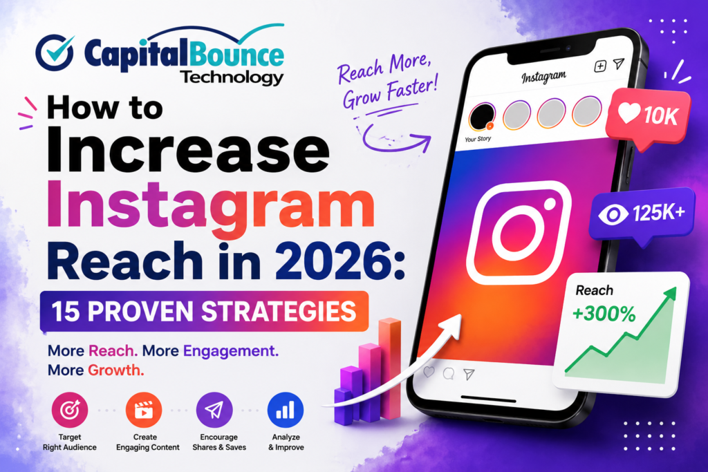 How to Increase Instagram Reach in 2026: 15 Proven Strategies with Capital Bounce Technology branding