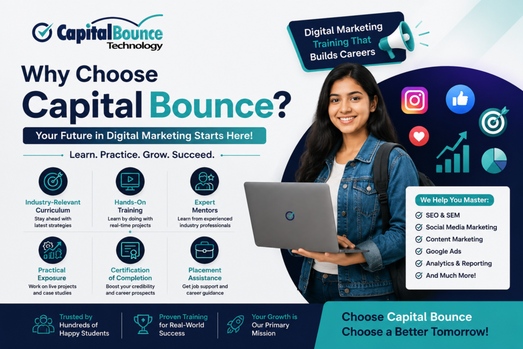 Why Choose Capital Bounce for digital marketing training, featuring hands-on learning, expert mentors, practical projects, certification, and placement assistance.