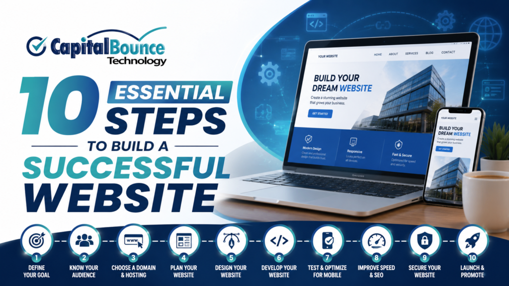 Capital Bounce Technology featured image showing the 10 essential steps to build a successful website with a laptop displaying a modern website design and web development process icons.