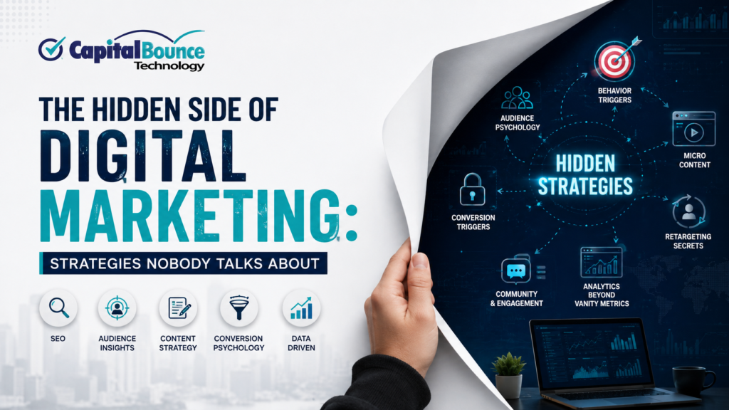 Capital Bounce Technology digital marketing banner featuring hidden marketing strategies, SEO, audience insights, content strategy, conversion psychology, and data-driven marketing.