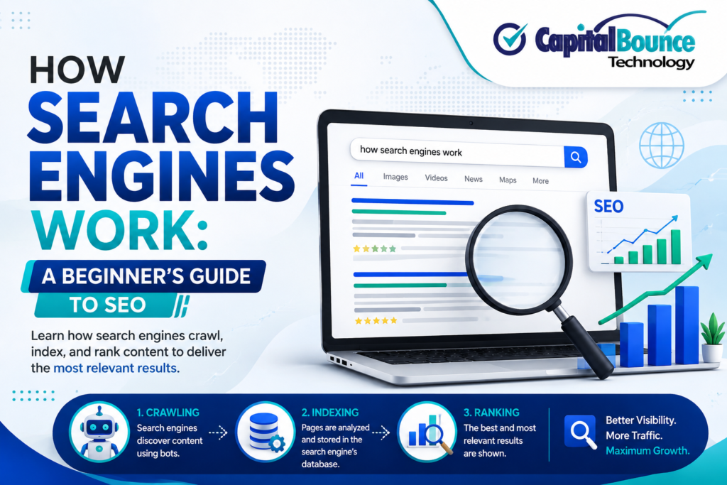 How Search Engines Work: A Beginner's Guide to SEO featured image by Capital Bounce Technology showing crawling, indexing, ranking, search results, and website optimization concepts.