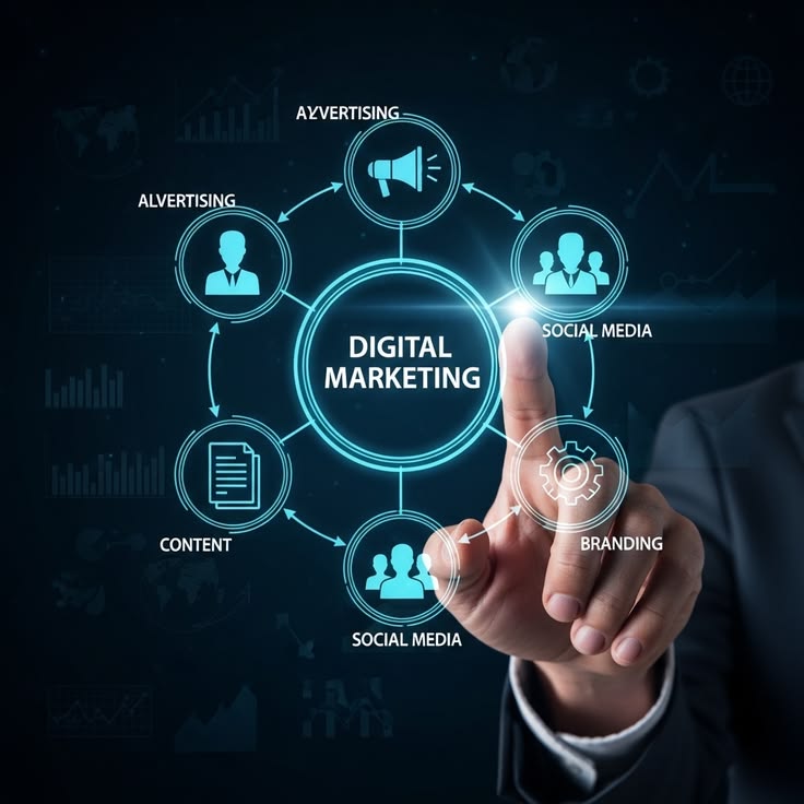 Digital marketing channels including SEO, social media, email and online advertising