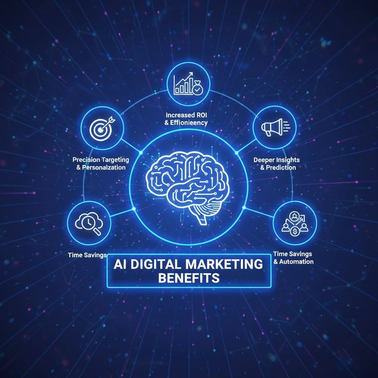 Benefits of Artificial Intelligence in digital marketing including time savings, improved productivity, data-driven decisions, personalization, automation, and better marketing results.