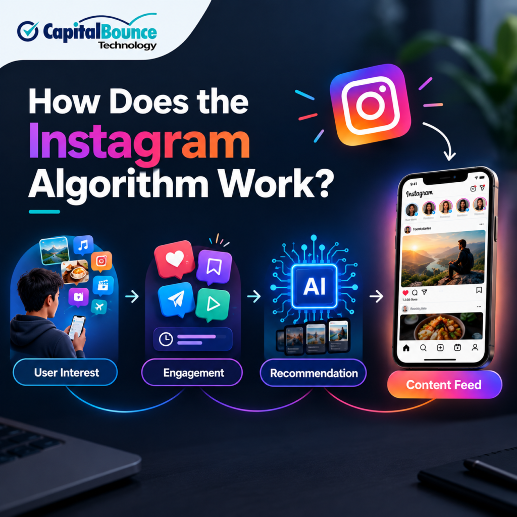 How Does the Instagram Algorithm Work? A dark-themed infographic showing the flow from User Interest to Engagement to Recommendation and finally Content Feed, with Instagram and AI visuals. Capital Bounce Technology logo included.