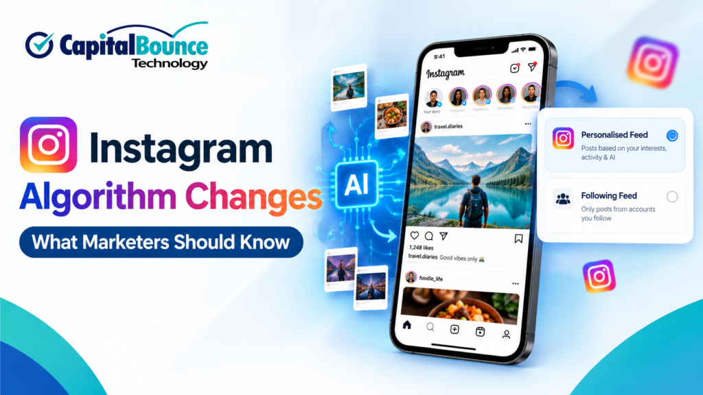 Instagram Algorithm Changes – What Marketers Should Know. Professional smartphone showing an Instagram-style personalised feed with AI algorithm visuals and Personalised Feed vs Following Feed options. Capital Bounce Technology logo included.
