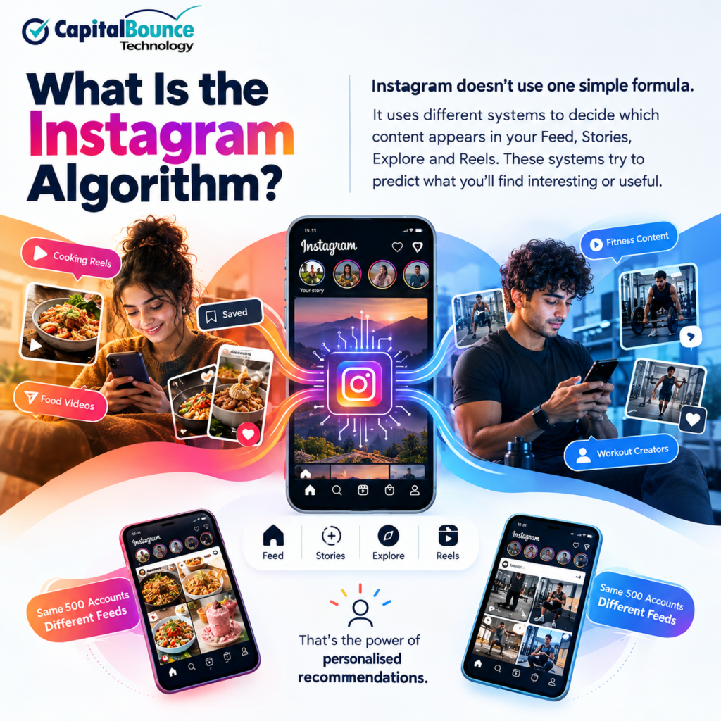 Capital Bounce Technology infographic explaining the Instagram algorithm, showing how personalised recommendations create different feeds for users based on their interests and engagement across Feed, Stories, Explore and Reels.