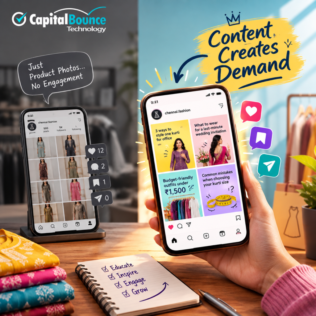 Capital Bounce Technology digital marketing illustration showing how valuable content can create demand. A Chennai clothing business transforms its social media strategy from simple product photos into helpful content about styling kurtis, wedding outfits, budget-friendly fashion, and size selection, highlighting the importance of engaging content over relying only on social media algorithms.