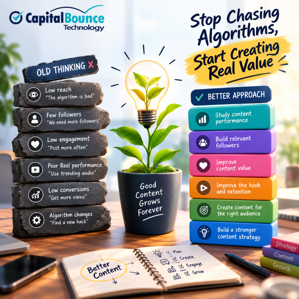 Capital Bounce Technology digital marketing graphic showing the shift from outdated algorithm-focused thinking to a sustainable content strategy. A growing plant inside a glowing lightbulb represents valuable content, surrounded by strategy, audience, engagement, retention, and performance concepts, emphasizing that creating real value is more sustainable than chasing algorithm changes.