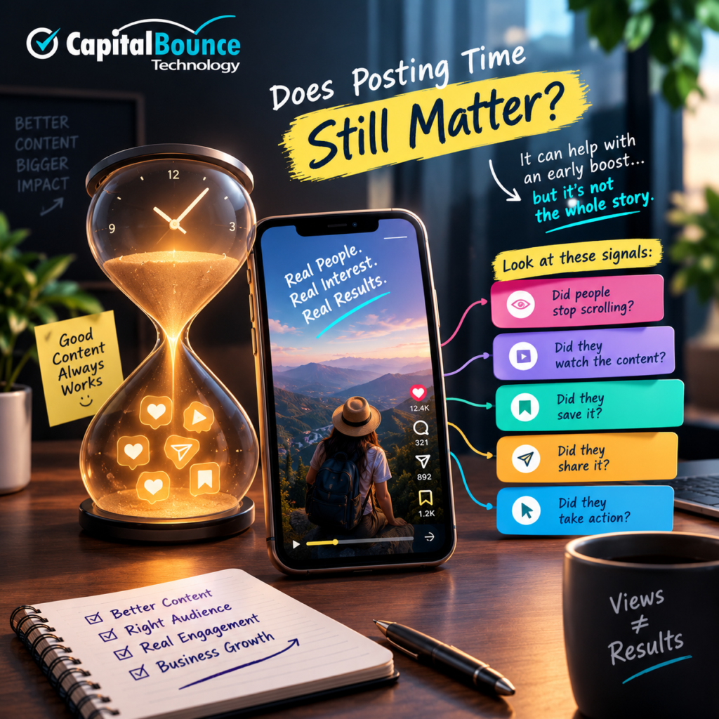 Capital Bounce Technology digital marketing graphic illustrating that posting time is only one factor in social media performance. A glowing hourglass represents timing, while a smartphone and engagement signals highlight the importance of stopping the scroll, watch time, saves, shares, and meaningful actions. The visual emphasizes that strong content, the right audience, and genuine engagement matter more than views alone.