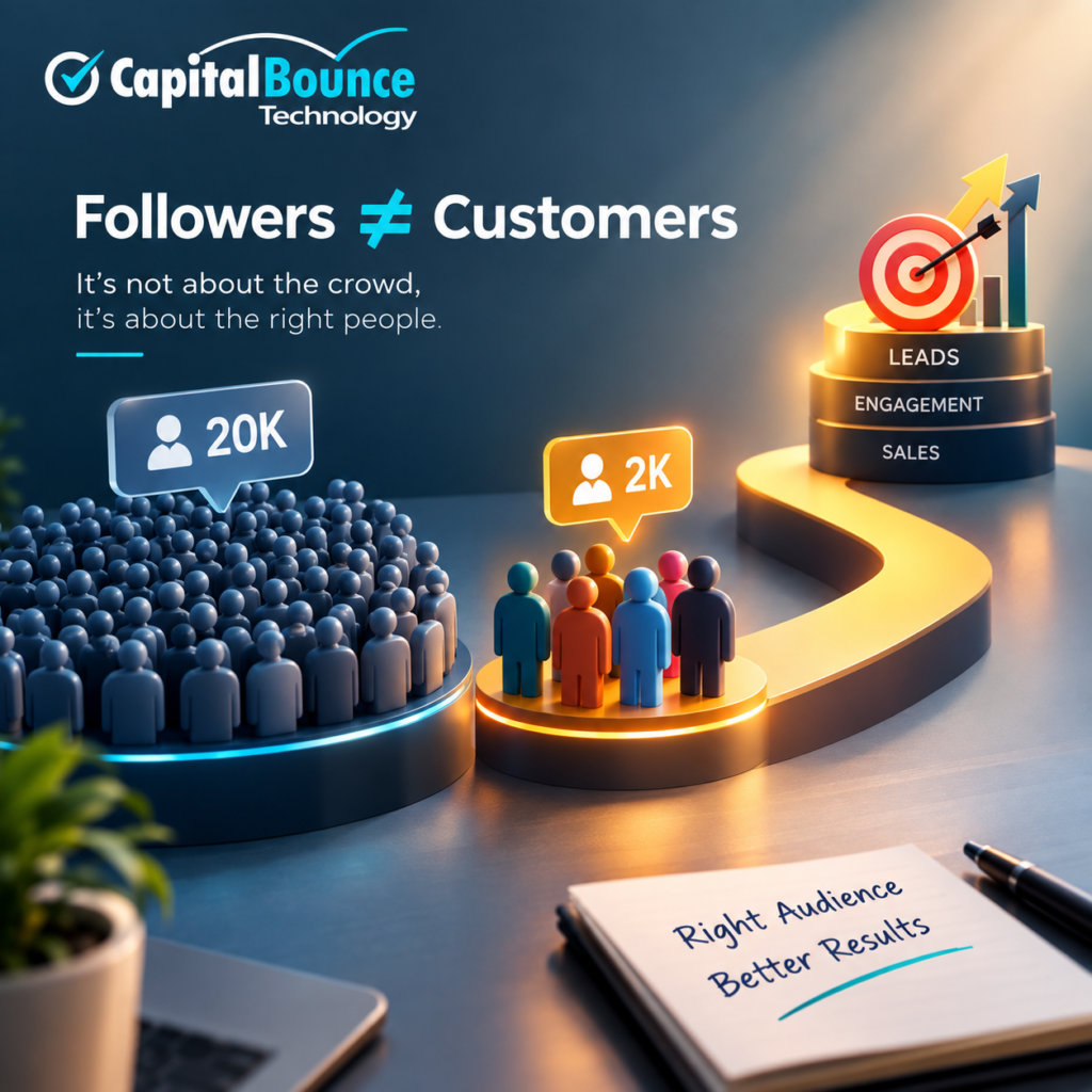 Capital Bounce Technology digital marketing graphic illustrating that followers are not the same as customers. A large crowd of followers is contrasted with a smaller, highly relevant audience leading toward engagement, sales, and leads, emphasizing the importance of reaching the right people and measuring real business results beyond follower count.