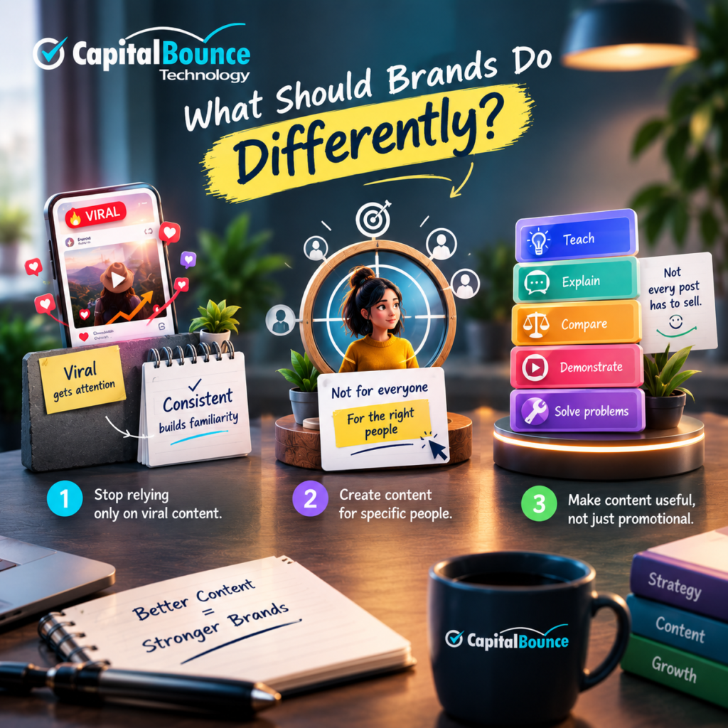Capital Bounce Technology digital marketing graphic showing three ways brands can improve their content strategy: rely less on viral content, create content for a specific audience, and provide useful information instead of constant promotions. The visual highlights consistent content, targeted marketing, teaching, explaining, comparing, demonstrating, and solving customer problems.