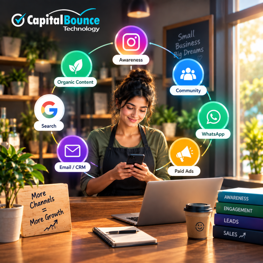 Capital Bounce Technology digital marketing graphic showing a small business owner surrounded by connected marketing channels including Instagram, organic content, community, Google Search, WhatsApp, email/CRM, and paid advertising, illustrating how multiple channels work together to create a stronger and more stable marketing ecosystem.