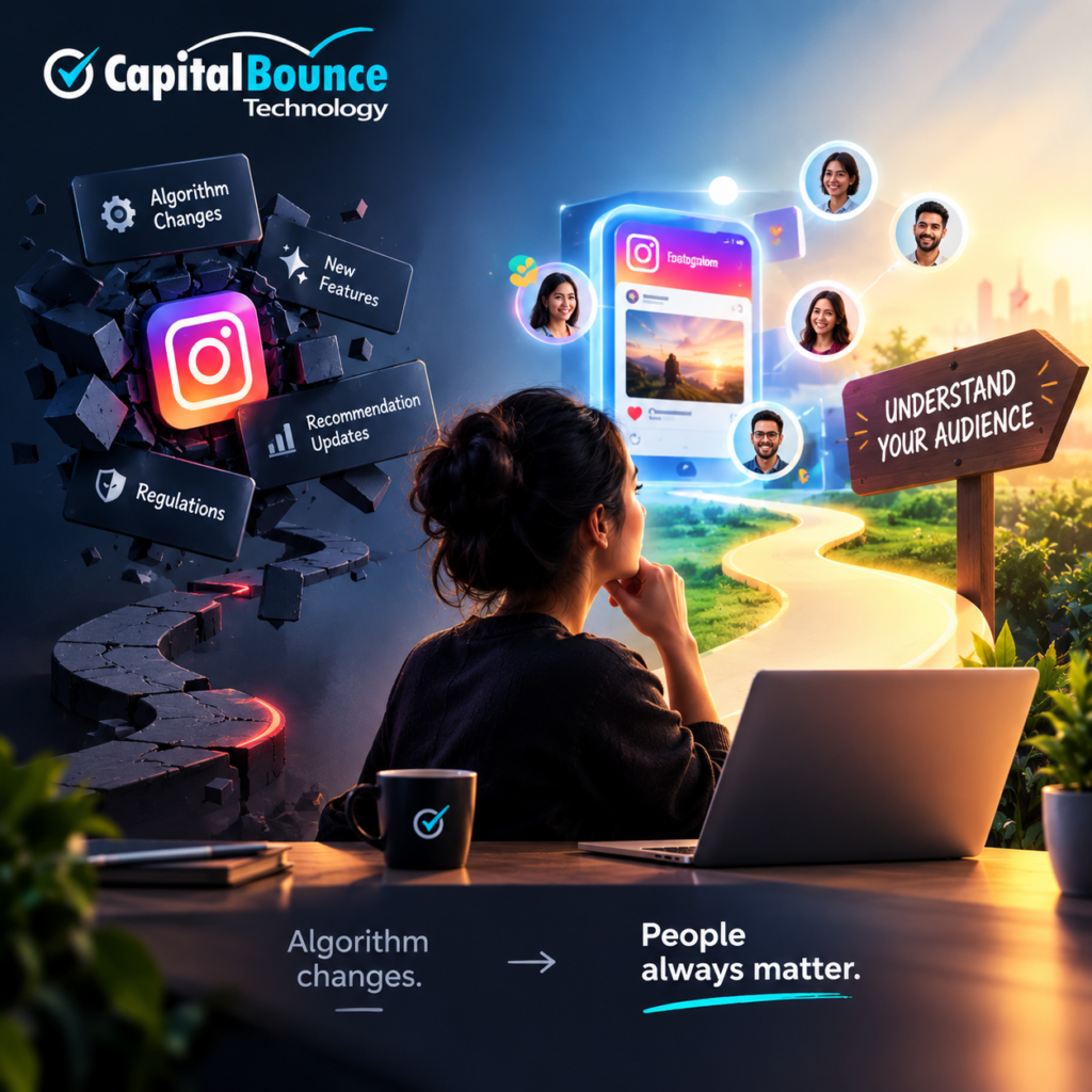 Capital Bounce Technology digital marketing graphic showing the future of Instagram marketing, where changing algorithms, features, recommendations, and regulations are contrasted with the lasting importance of understanding the audience. A futuristic Instagram interface and audience icons highlight the message that algorithms change, but people always matter.