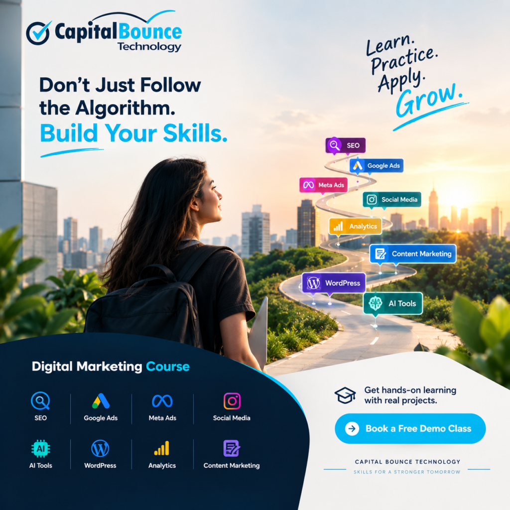 Capital Bounce Technology digital marketing graphic showing a professional learning journey focused on building skills beyond changing social media algorithms. A learner follows a path through SEO, Google Ads, Meta Ads, Social Media Marketing, Analytics, Content Marketing, WordPress, and AI Tools, highlighting practical learning, real projects, and the message “Learn. Practice. Apply. Grow.”