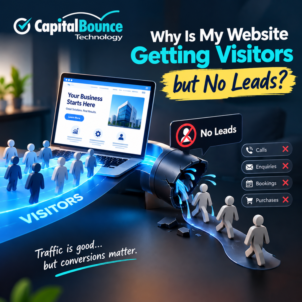 Website receiving visitors but no leads, showing a broken conversion funnel with calls, enquiries, bookings, and purchases failing.
