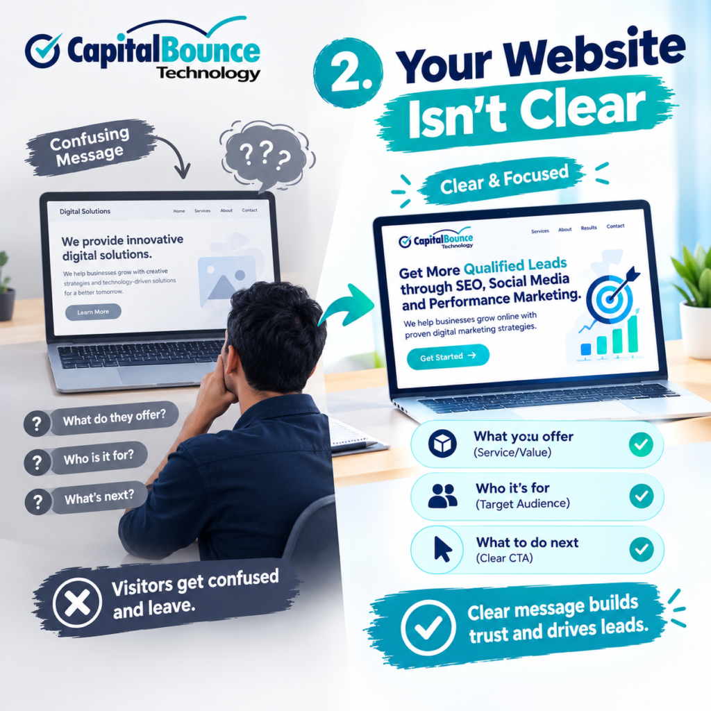 Capital Bounce Technology infographic comparing a confusing website message with a clear website message, showing how clear offers, target audience, and calls to action help turn visitors into leads.