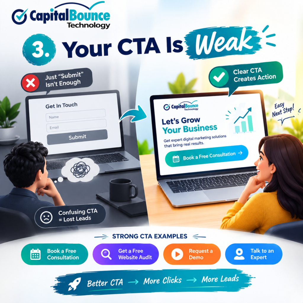 Capital Bounce Technology infographic showing a weak “Submit” CTA compared with clear calls to action like “Book a Free Consultation,” “Get a Free Website Audit,” “Request a Demo,” and “Talk to an Expert.”