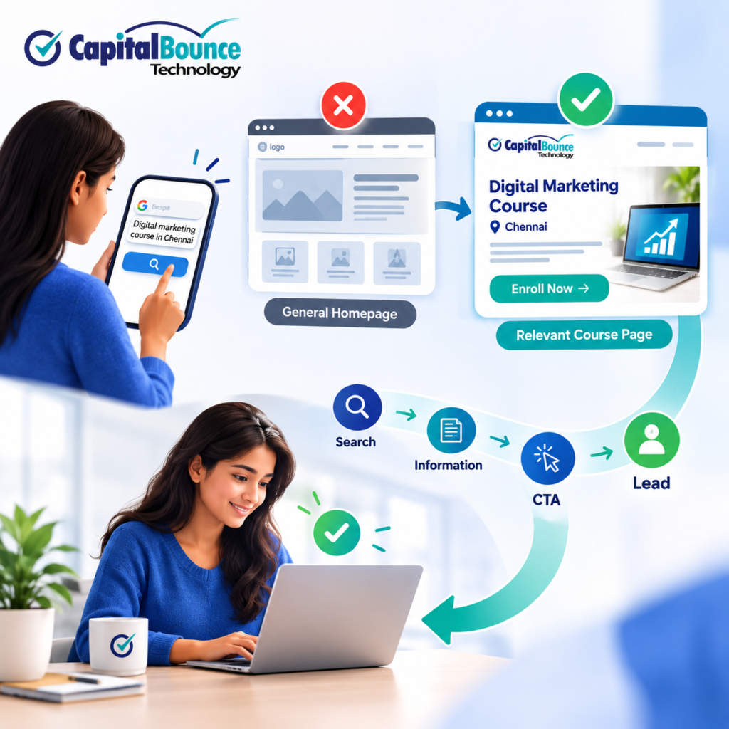 CapitalBounce Technology landing page showing the journey from search to relevant course page, CTA, and lead conversion.