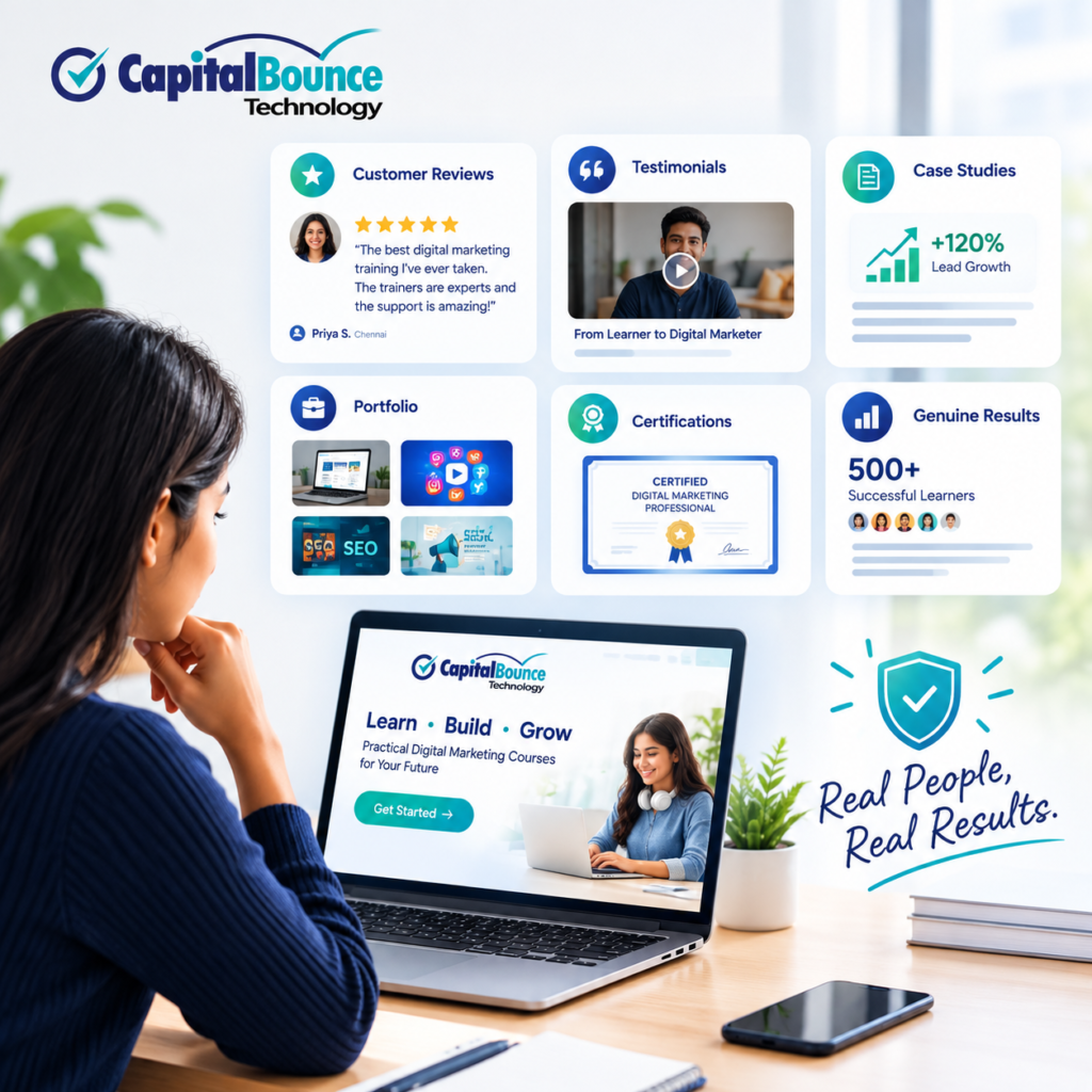 CapitalBounce Technology marketing graphic showing customer reviews, testimonials, case studies, portfolio, certifications, and genuine results to build trust.
