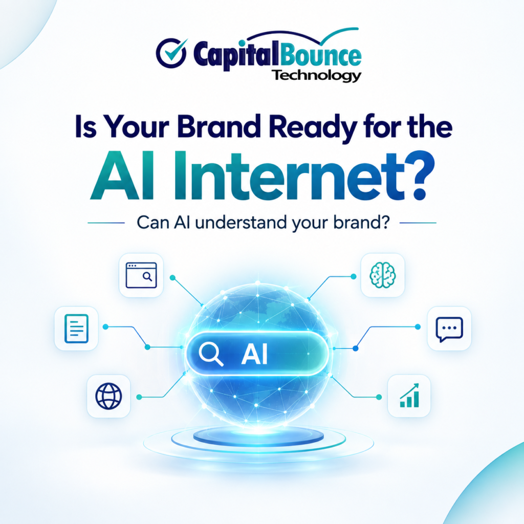 Capital Bounce Technology graphic asking “Is Your Brand Ready for the AI Internet?” with a futuristic AI search globe, connected digital icons, and the message “Can AI understand your brand?”