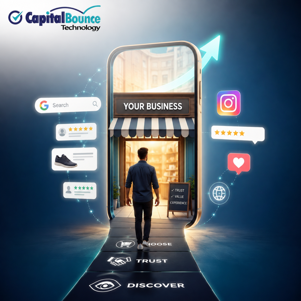 Digital marketing concept illustration showing a business owner walking through a smartphone-shaped digital gateway toward a storefront. Search results, online reviews, social media icons, website symbols, and engagement indicators surround the scene, representing how customers discover, trust, and choose businesses online. The Capital Bounce Technology logo appears at the top, with a modern blue and teal color scheme emphasizing online growth, visibility, and customer acquisition.