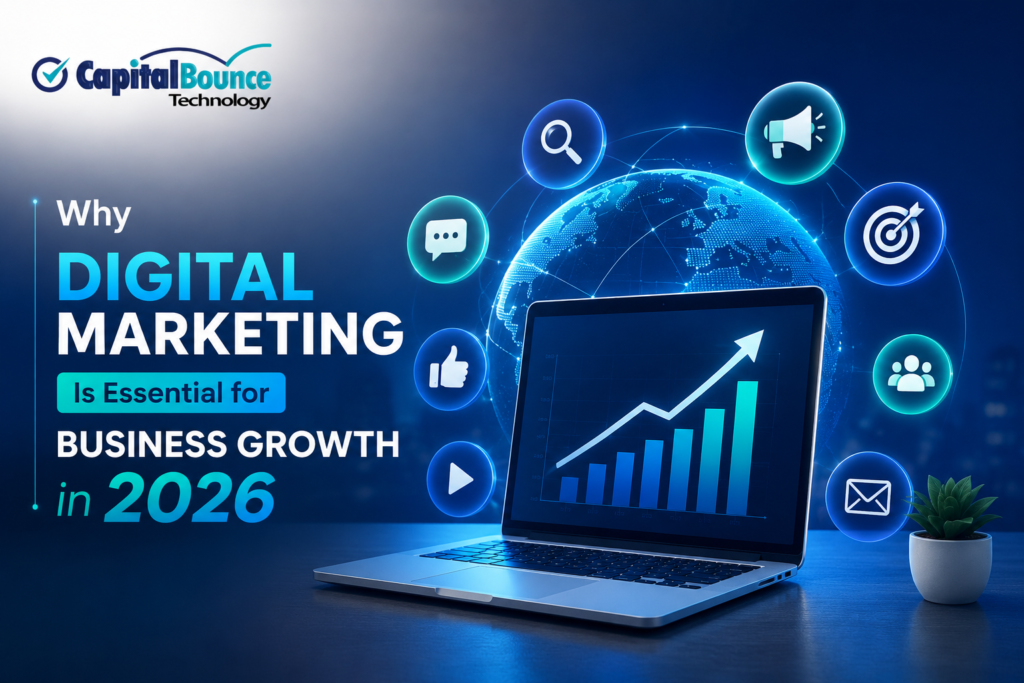 Wide digital marketing banner featuring a laptop displaying an upward growth chart, symbolizing business growth and online success. A glowing digital globe connected by network lines surrounds the laptop, while floating icons representing search, social media, content, communication, audience engagement, and advertising orbit around it. The Capital Bounce Technology logo appears in the corner, with a modern blue and teal color palette that conveys innovation, digital transformation, global reach, and scalable business growth.