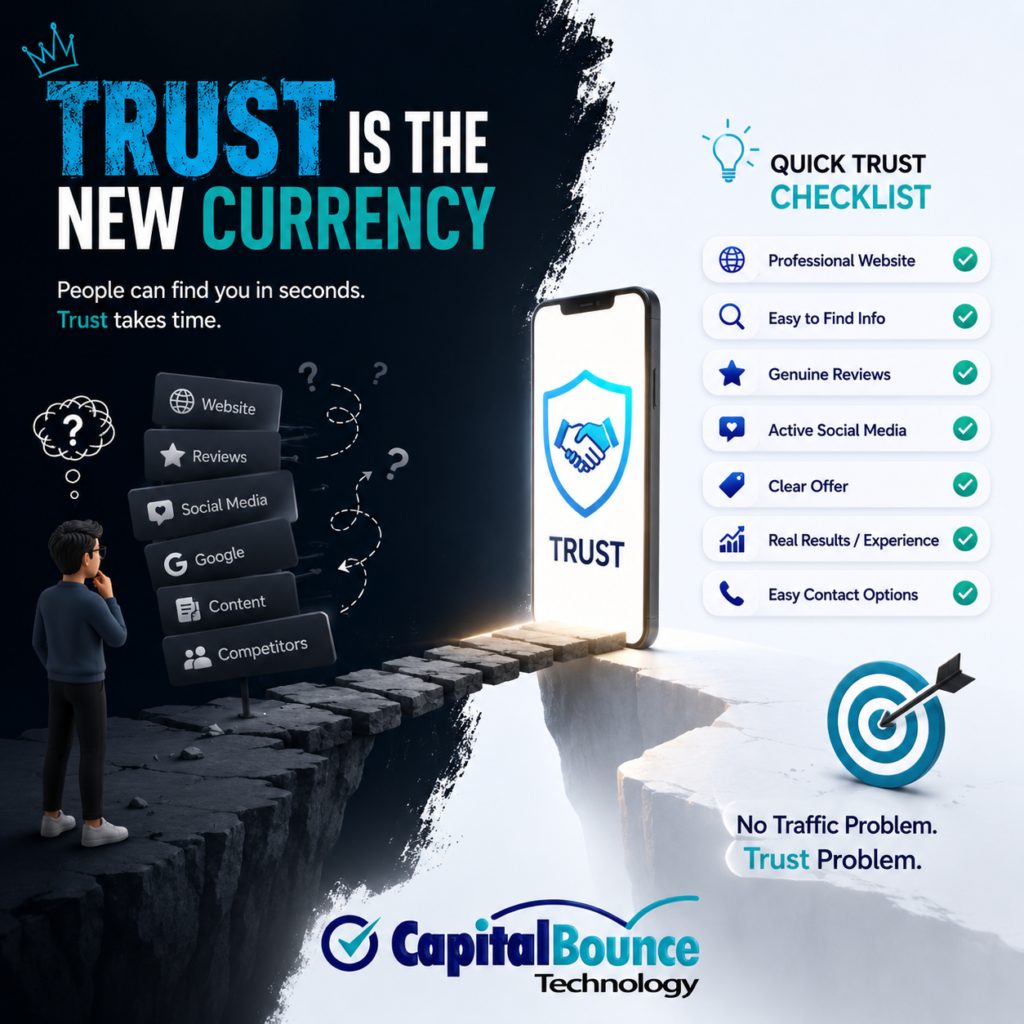 Trust is the new currency digital marketing concept showing a smartphone, trust shield, customer journey, reviews, social media, website, and trust checklist with CapitalBounce Technology branding.