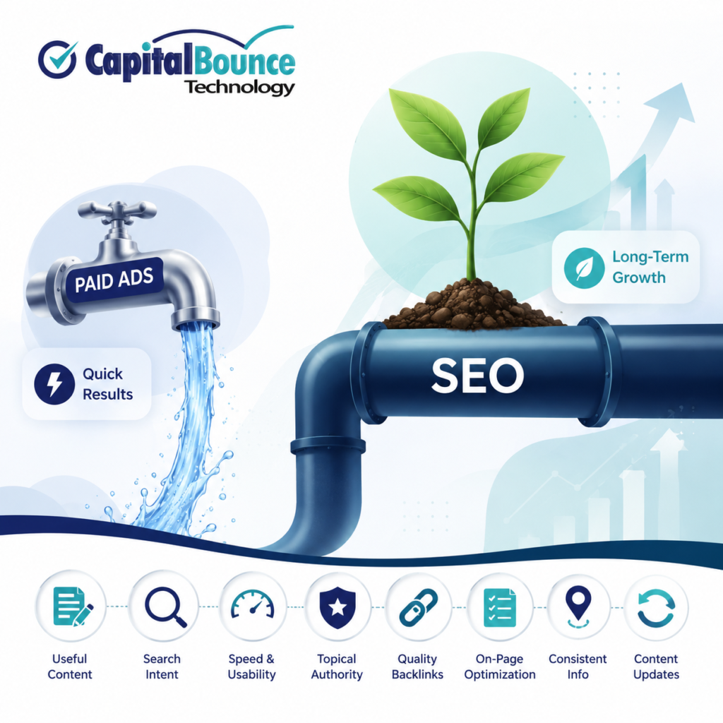 CapitalBounce Technology SEO infographic showing paid ads as a faucet delivering quick results, while SEO is represented as a pipeline supporting long-term growth with a growing plant. The graphic highlights useful content, search intent, speed and usability, topical authority, quality backlinks, on-page optimization, consistent business information, and content updates.