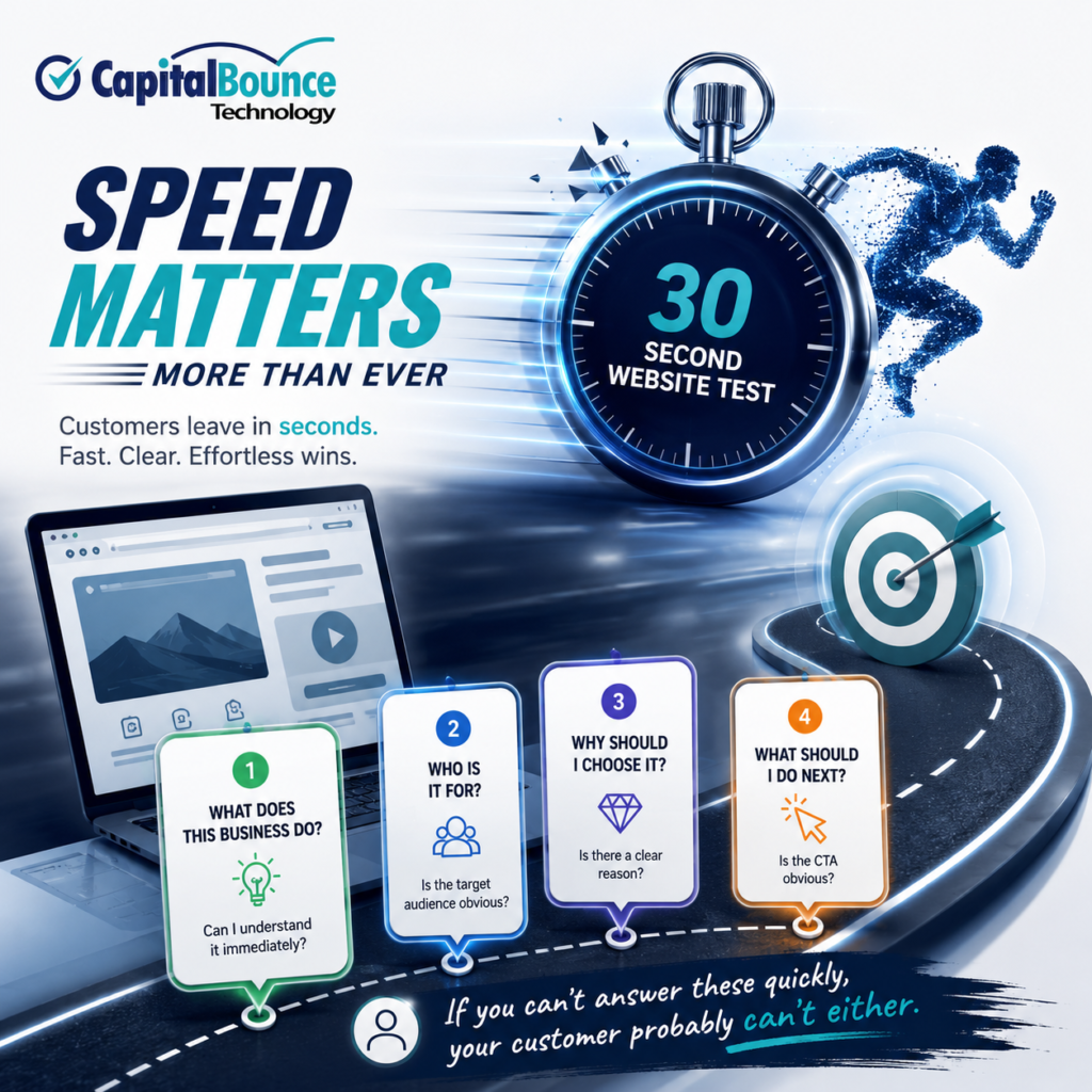 CapitalBounce Technology infographic showing website speed as a race against time, featuring a 30-second website test, stopwatch, fast-moving runner, laptop, and target. The graphic highlights four key questions: what the business does, who it serves, why customers should choose it, and what they should do next.