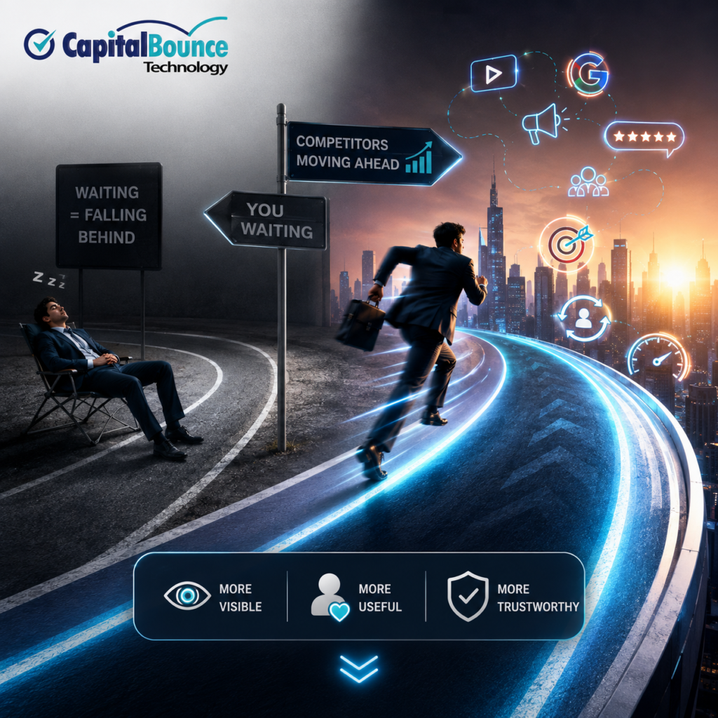 CapitalBounce Technology infographic showing a business falling behind while competitors move ahead with better content, higher search rankings, targeted ads, more reviews, stronger communities, retargeting, and better websites. The graphic highlights that competitive advantage comes from being more useful, visible, and trustworthy than the alternatives.