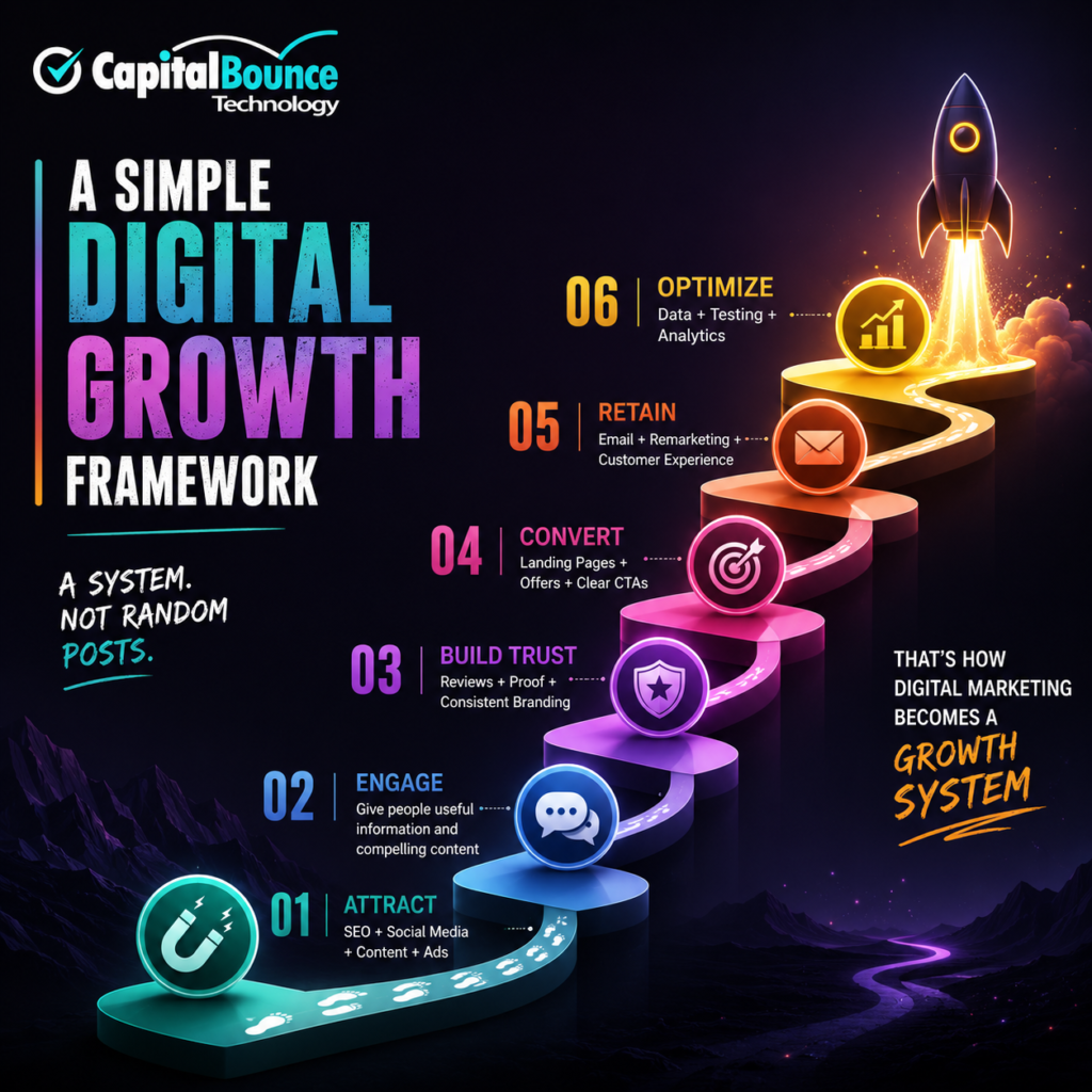 CapitalBounce Technology digital growth infographic showing a futuristic glowing staircase with six stages: Attract, Engage, Build Trust, Convert, Retain, and Optimize. A rocket at the top represents business growth, with SEO, social media, content, ads, reviews, email, remarketing, landing pages, testing, and analytics supporting the journey.