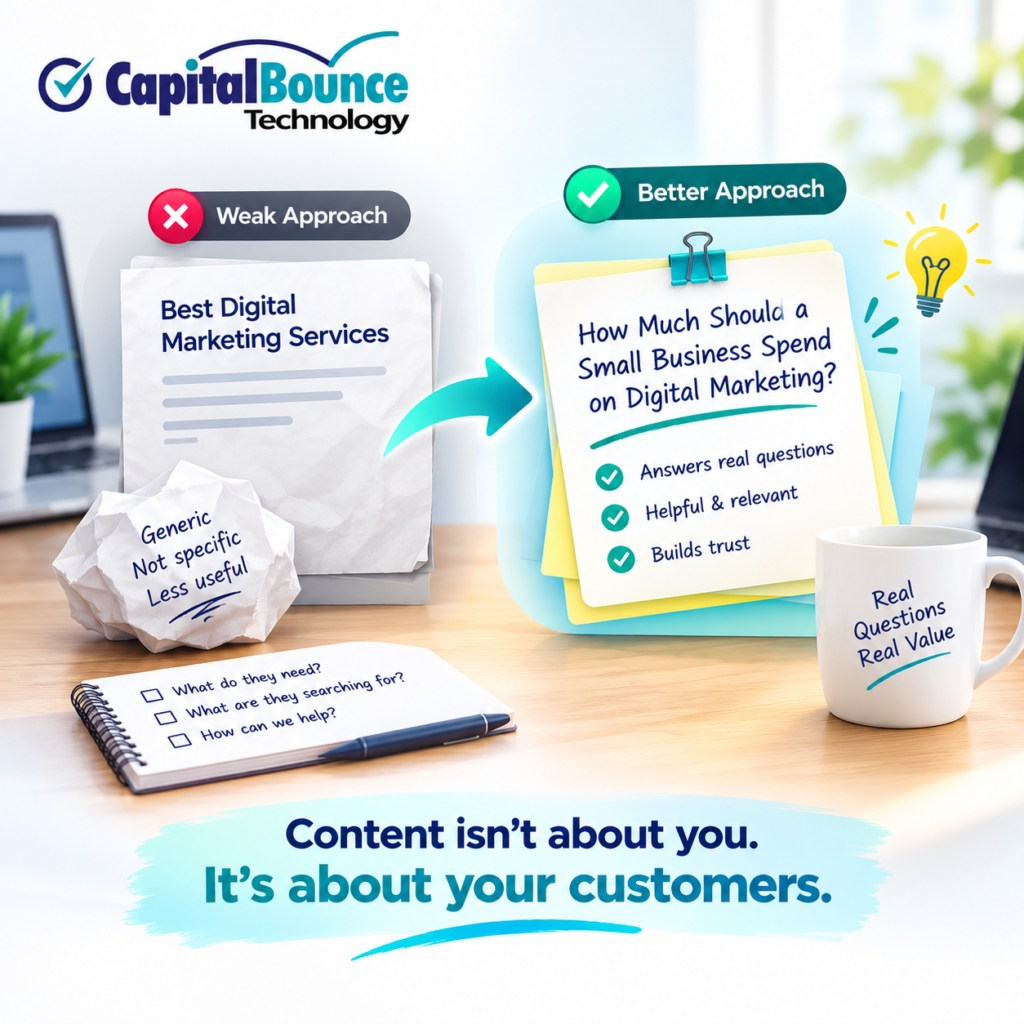 Capital Bounce Technology graphic comparing a weak content approach using generic topics with a better approach that answers real customer questions, such as how much a small business should spend on digital marketing, emphasizing helpful, relevant content that builds trust.