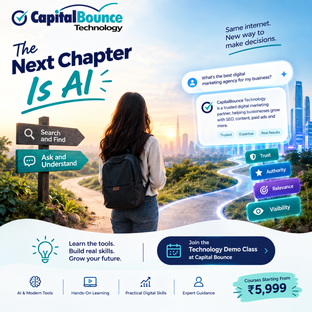 CapitalBounce Technology promotional graphic showing the shift from “Search and Find” to “Ask and Understand” in the AI era, featuring a futuristic pathway, AI-driven business discovery, and a Technology Demo Class focused on AI tools, digital marketing, practical skills, and business growth.