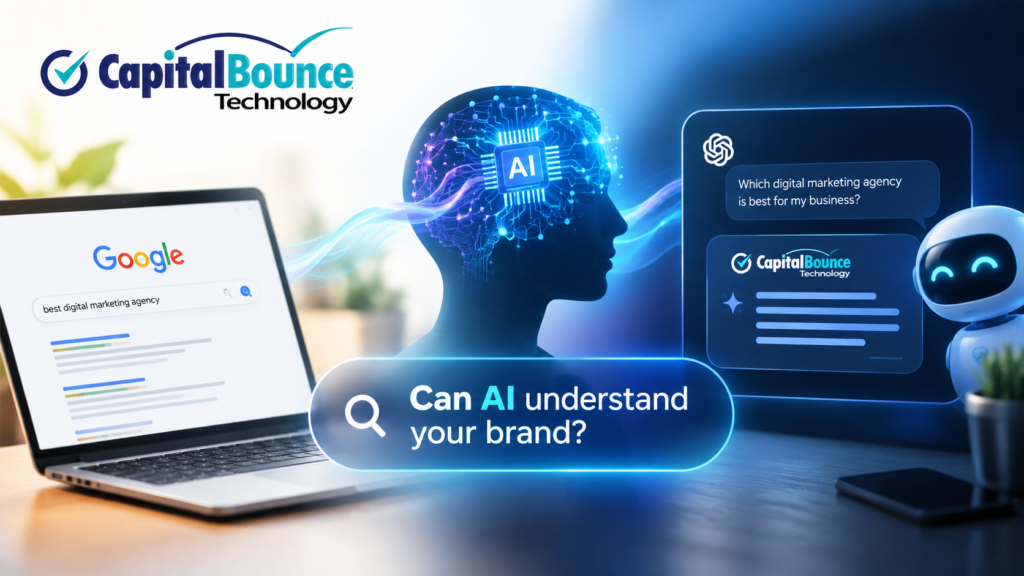 Capital Bounce Technology AI marketing banner showing the shift from Google search to AI-powered brand discovery.