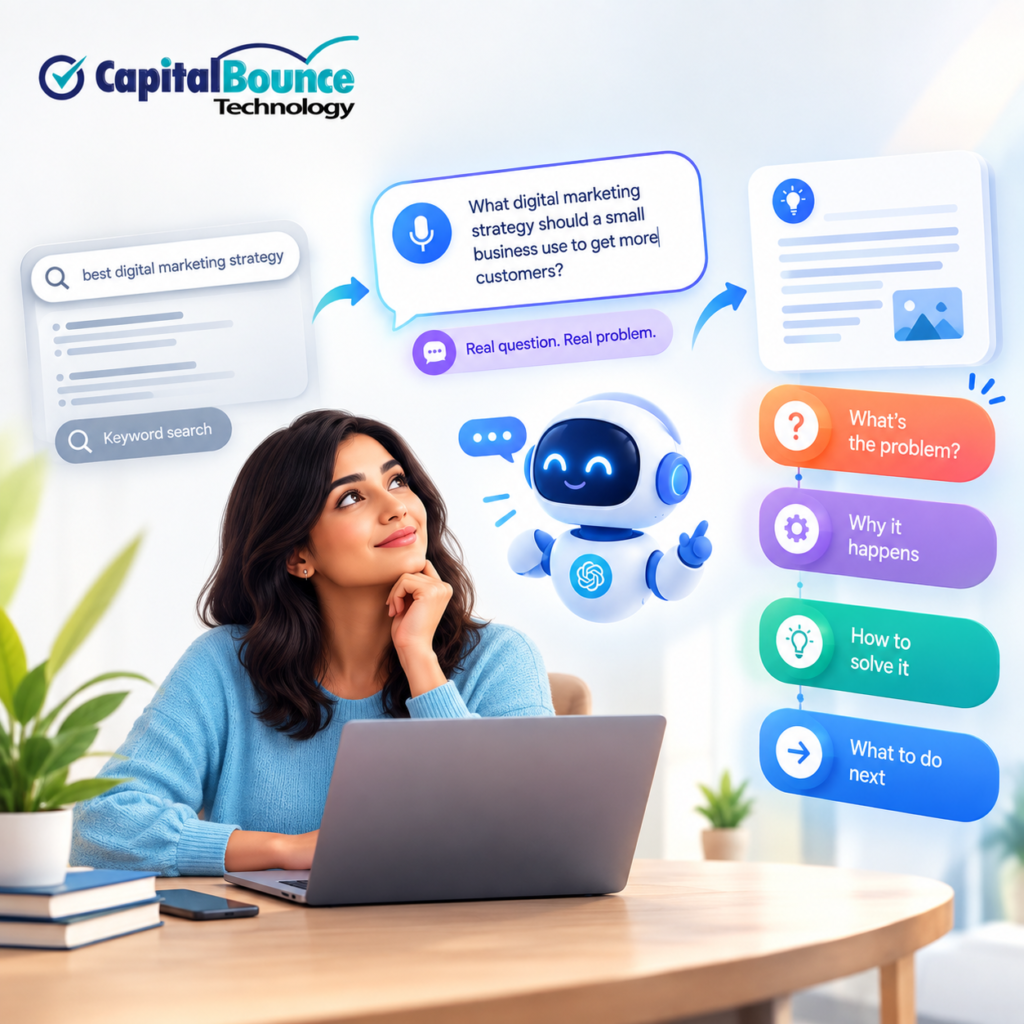 Modern digital marketing illustration showing how conversational search turns a generic keyword query into a real customer question, with AI assistance and four content steps: identify the problem, explain why it happens, show how to solve it, and guide the user on what to do next.
