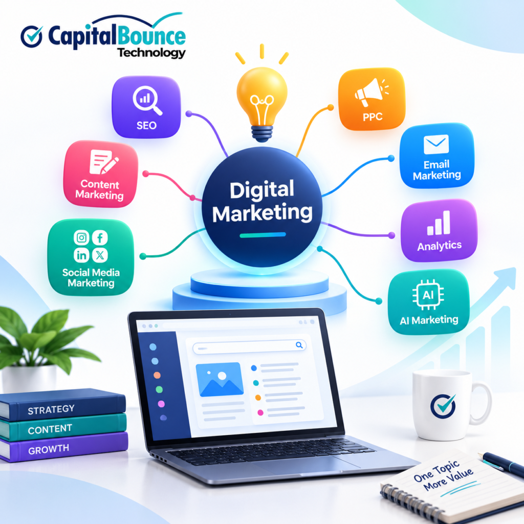 Digital marketing topic cluster showing SEO, content marketing, social media marketing, PPC, email marketing, analytics, and AI marketing connected to a central digital marketing strategy, with Capital Bounce Technology branding.
