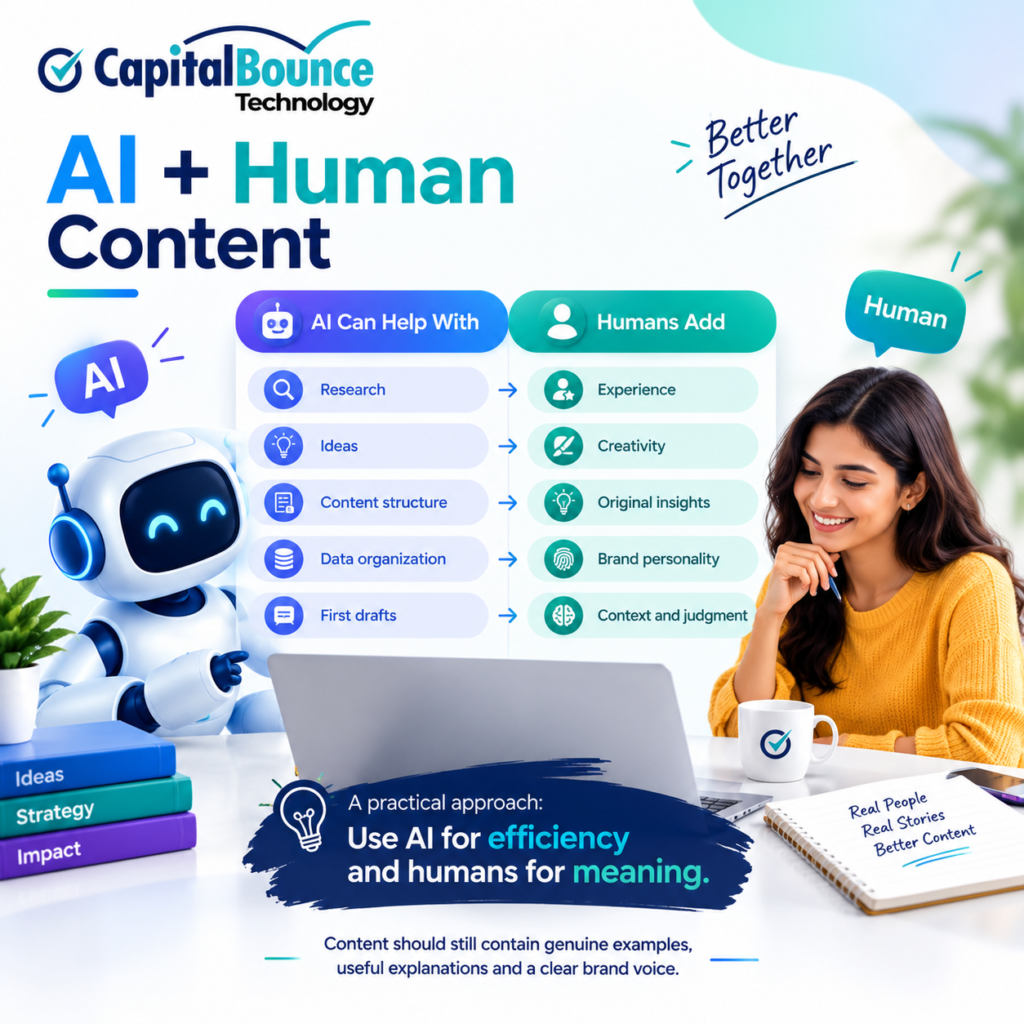 AI and human collaboration in content creation, showing AI handling research, ideas, content structure, data organization and drafts while humans add experience, creativity, original insights, brand personality, context and judgment, with Capital Bounce Technology branding.