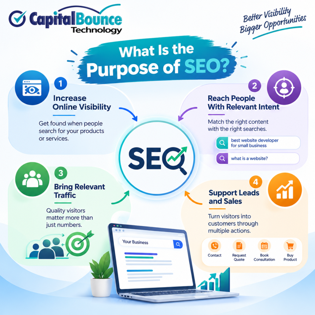 What Is the Purpose of SEO? infographic showing four key goals: increasing online visibility, reaching people with relevant search intent, bringing relevant traffic, and supporting leads and sales, with a laptop, search results, growth chart, and target graphic. Capital Bounce Technology branding included.