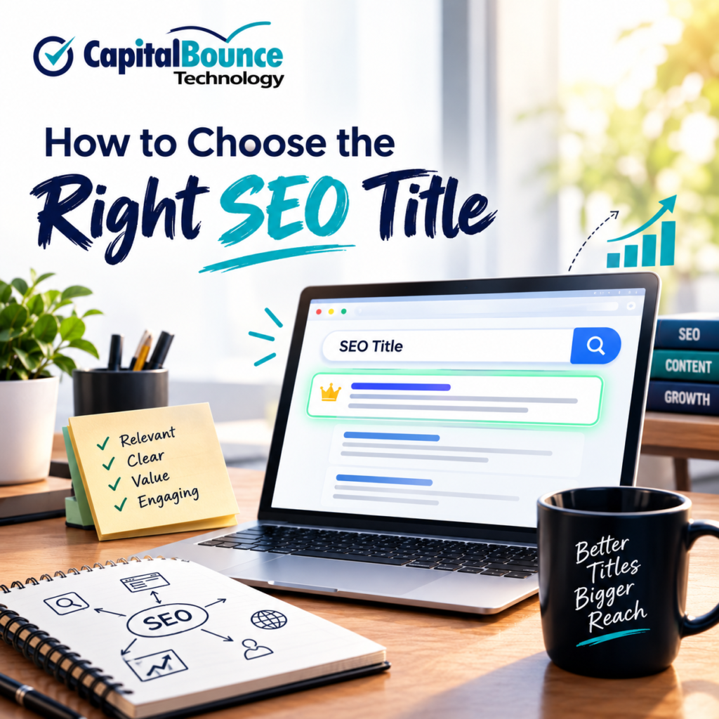 CapitalBounce Technology blog graphic showing how to choose the right SEO title, with an SEO laptop interface and title optimization checklist.
