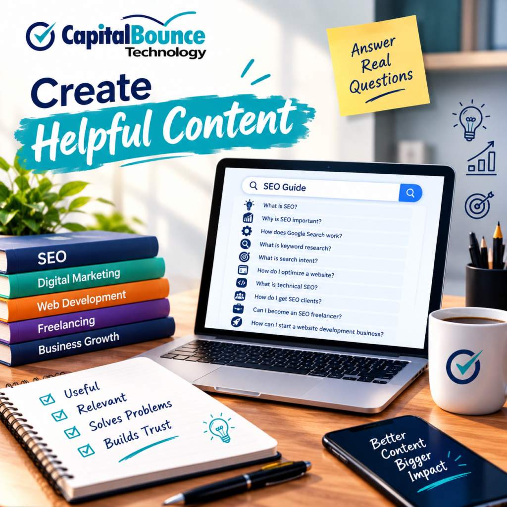 CapitalBounce Technology graphic showing “Create Helpful Content” with an SEO guide, real search questions, and a content checklist.